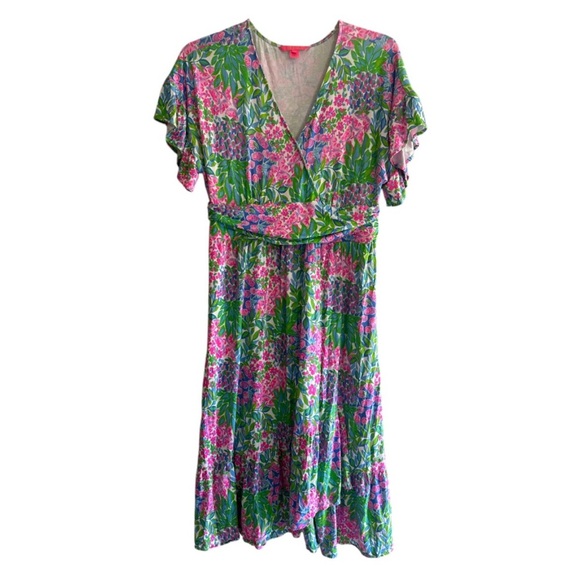 Lilly Pulitzer Pink and Green Wrap Sundress with Flutter Sleeves - Picture 1 of 9